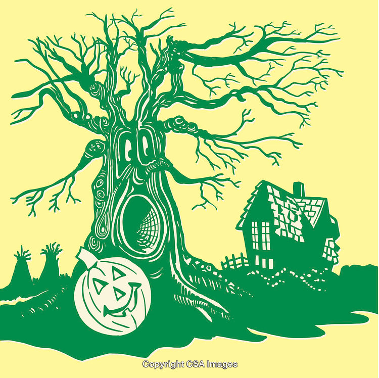 Haunted Tree Illustration With Pumpkin and House Amid Rustic Scene