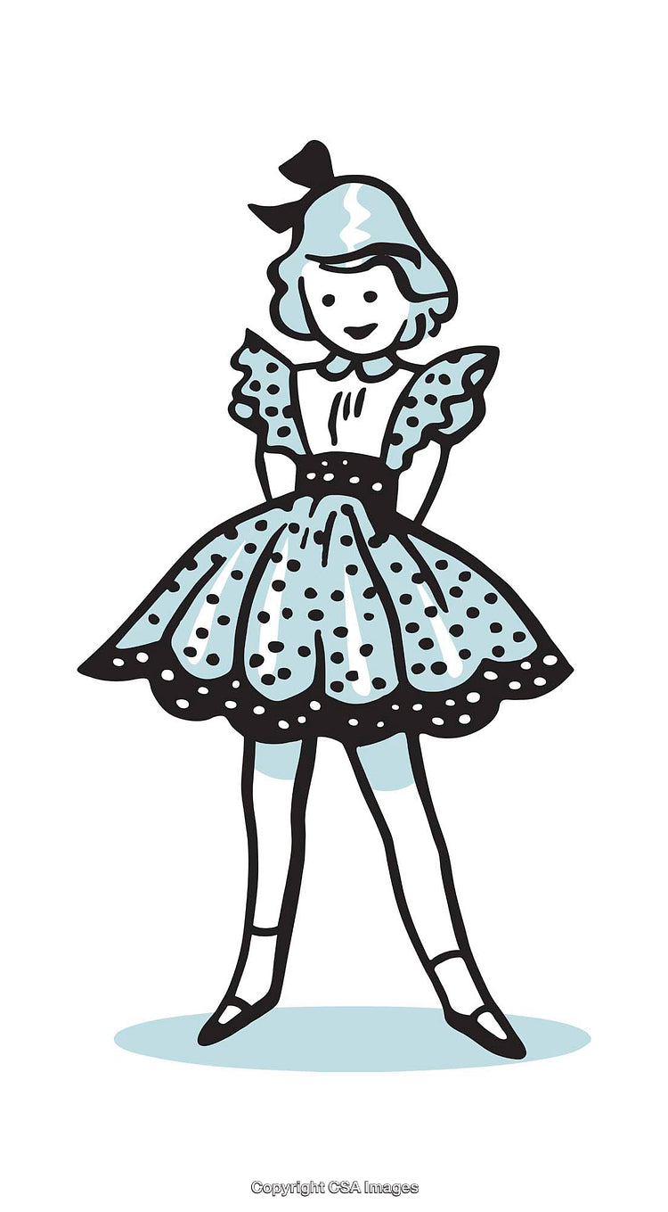 Retro Blue Girl Illustration With Polka Dot Dress in Vintage Style