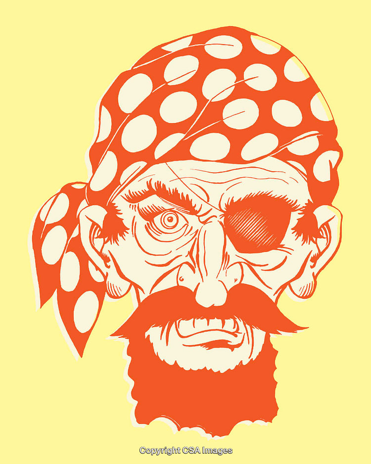 Vintage Pirate Illustration with Eye Patch and Bandana on Yellow Background