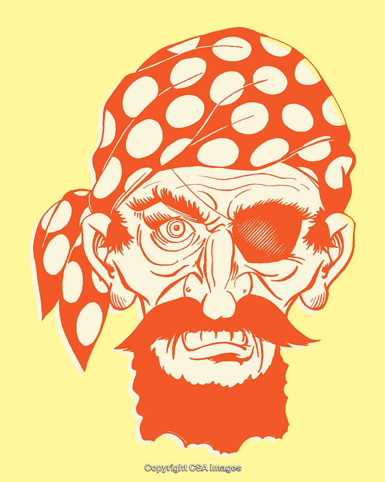 Vintage Pirate Illustration with Eye Patch and Bandana on Yellow Background