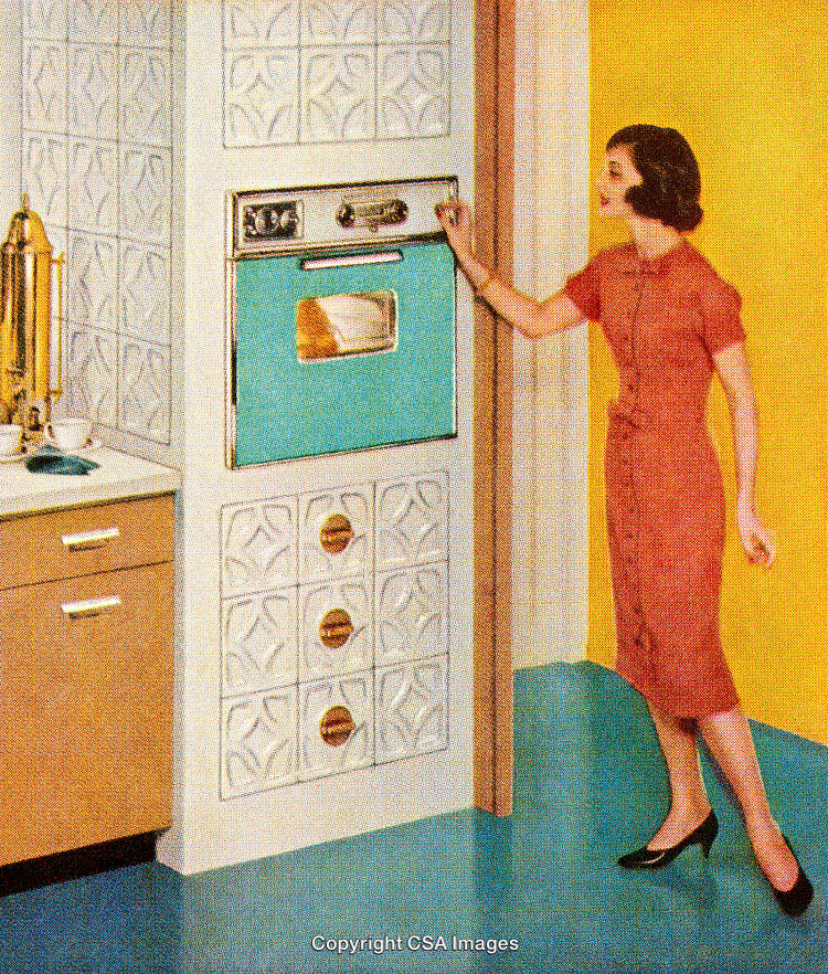 Vintage Woman Operating a Mid-Century Kitchen with Turquoise Oven