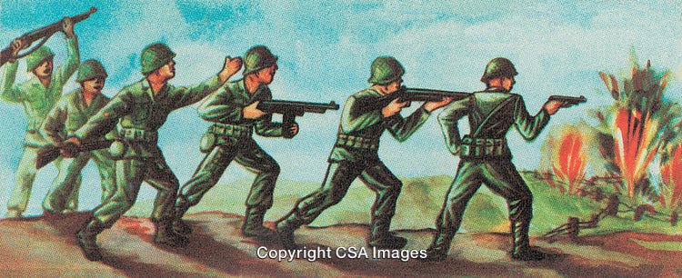 Vintage Military Artwork Depicting Soldiers Advancing in Combat during a Battle
