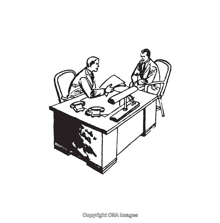 Line Art Illustration of a Professional Business Discussion at a Desk