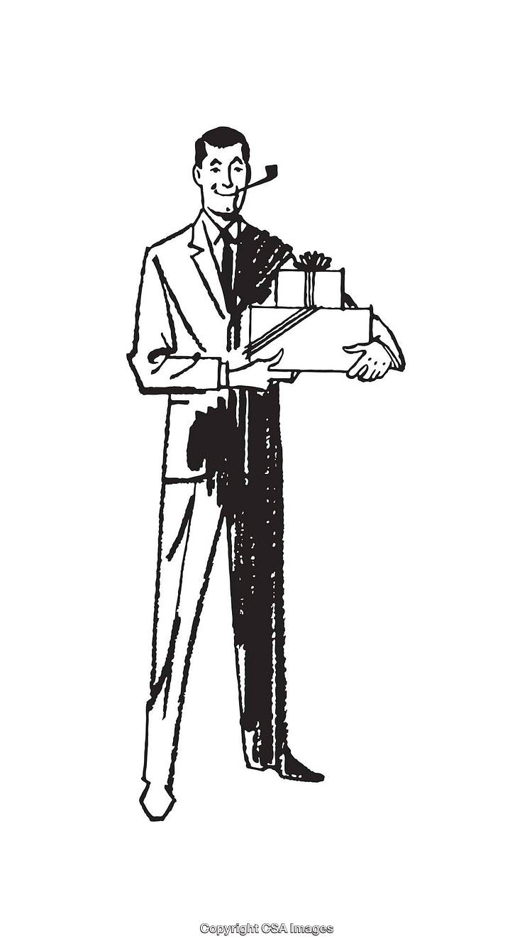 Retro Illustration of a Man Holding Gift Boxes and Smoking