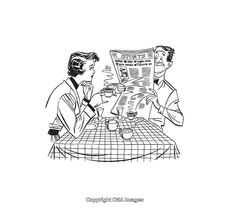 Illustration of a Couple in a Café with Newspaper and Coffee Cups