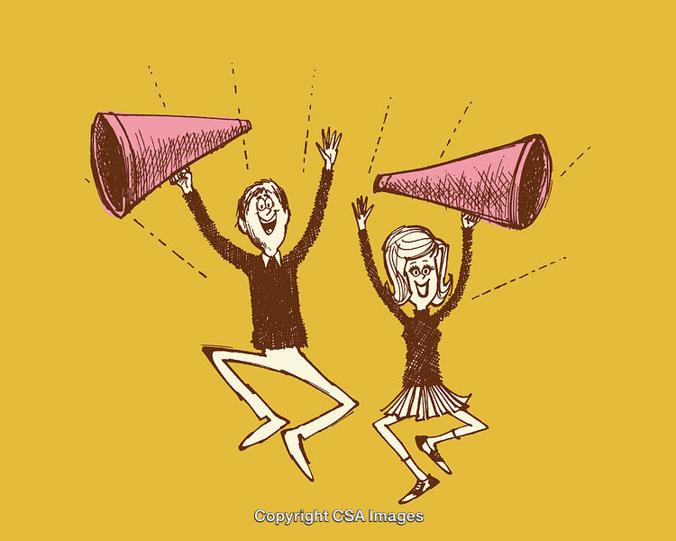 Two Cheerful Characters Jump With Megaphones on Yellow Background