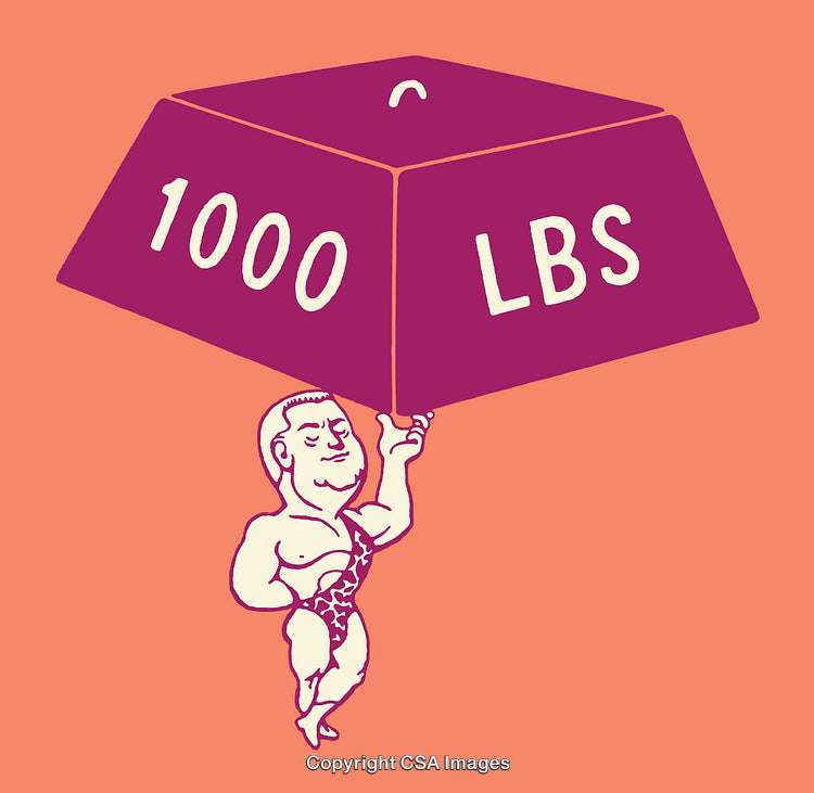 Cartoon Strongman Lifting a Thousand Pound Block with One Hand