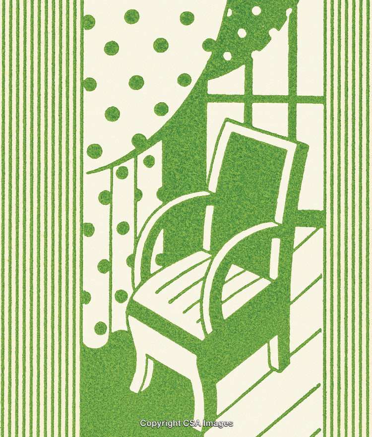 Illustrative Green Chair by a Patterned Window and Drapery Scene