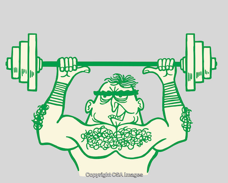 Humorous Line Art of a Strongman Lifting a Barbell with Determination