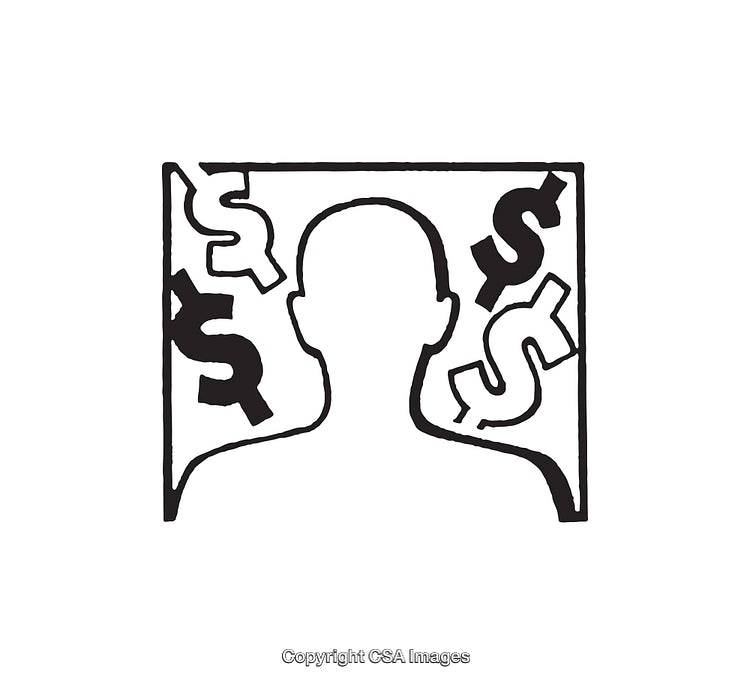 Black And White Line Art Illustrating Person And Dollar Signs