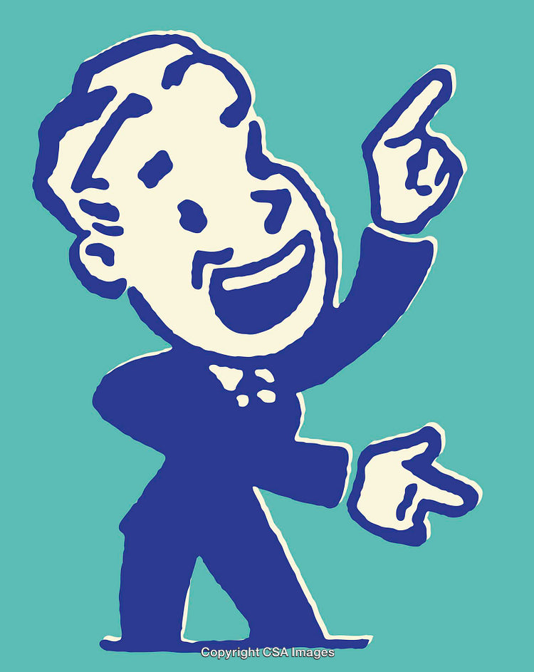 Retro-Style Illustration of a Smiling Businessman Gesturing Enthusiastically