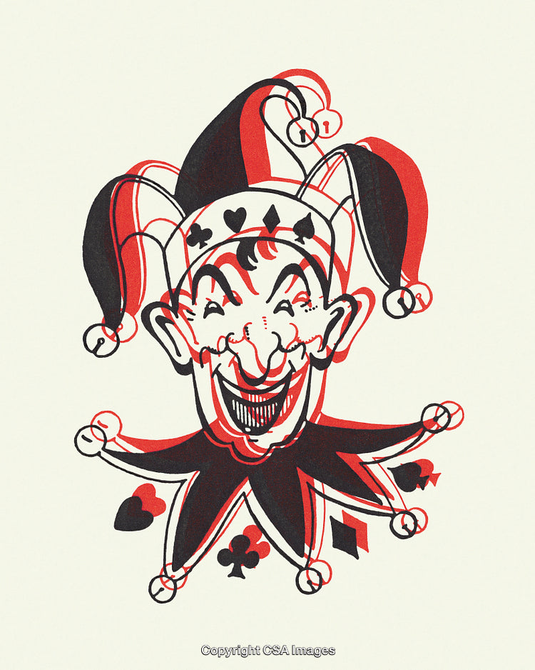 Dramatic Joker Illustration Featuring Playing Card Suits in Artistic Style