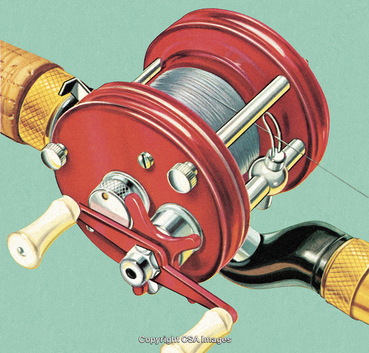 Close-Up of a Red Fishing Reel with Wooden Handles on a Fishing Rod