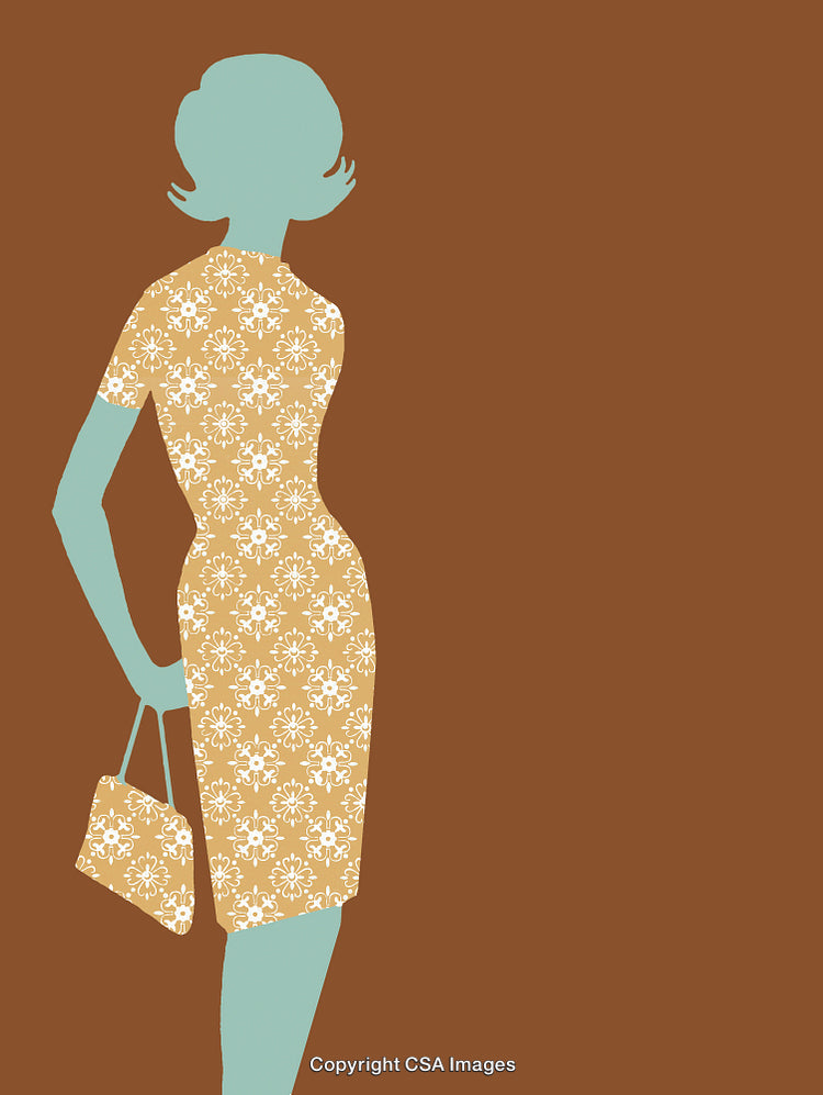 Stylized Female Silhouette in Vintage Floral Dress on Earthy Background