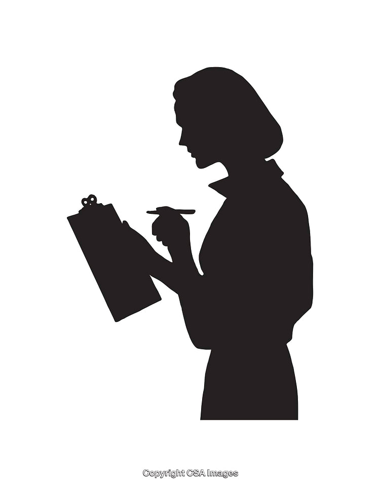 Silhouette of a Woman Writing on a Clipboard in Profile View