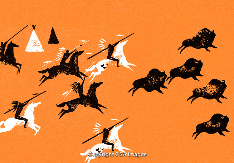 Traditional Native Hunting Scene With Horses and Bison on Orange Background