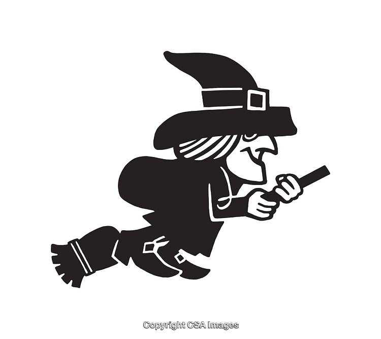 Black And White Witch On Broomstick Flying Silhouette Illustration