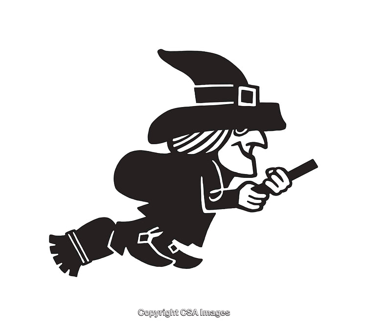Black And White Witch On Broomstick Flying Silhouette Illustration