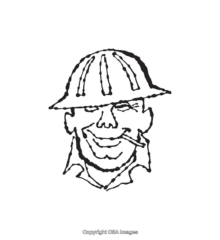 Vintage Black-and-White Line Art of Smiling Worker with Hard Hat