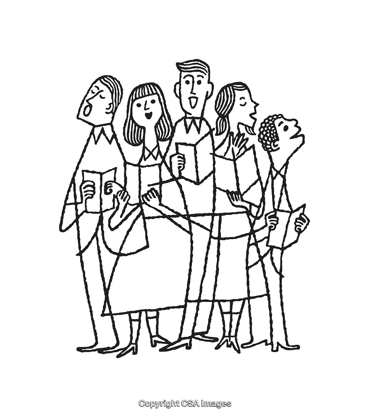 Black and White Line Art Illustration of a Singing Choir Group