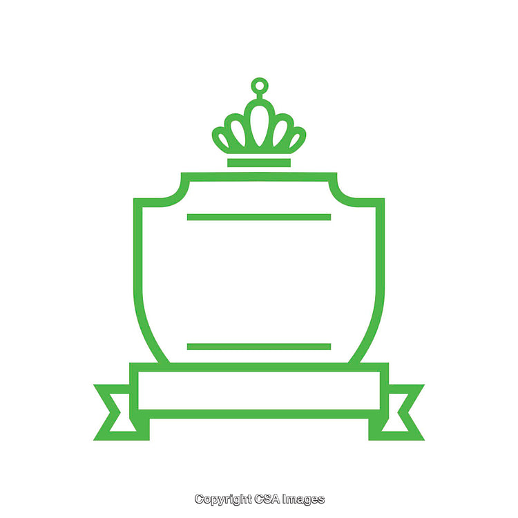 Green Outline of a Crest with Crown and Ribbon on White Background