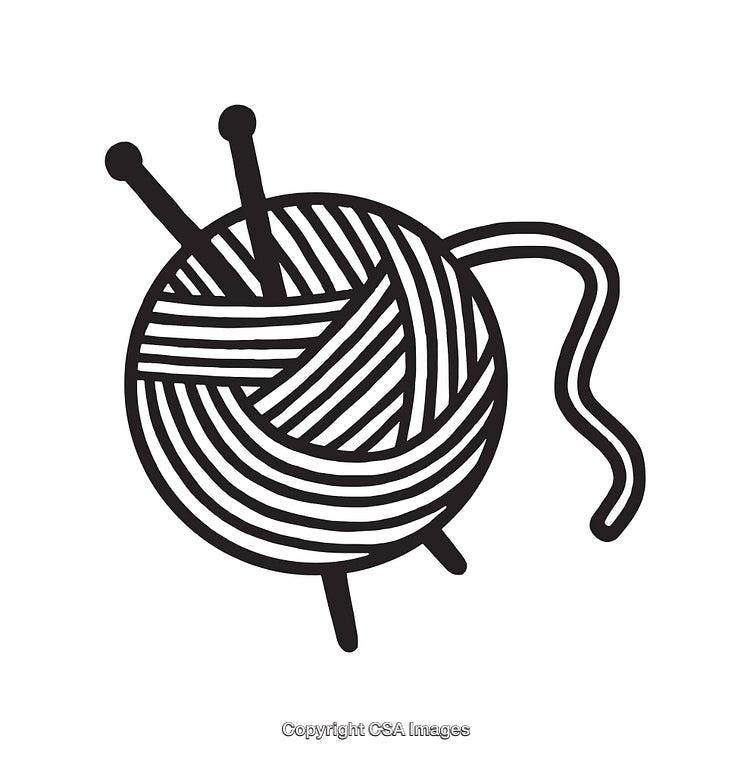 Black and White Illustration of Yarn Ball with Knitting Needles