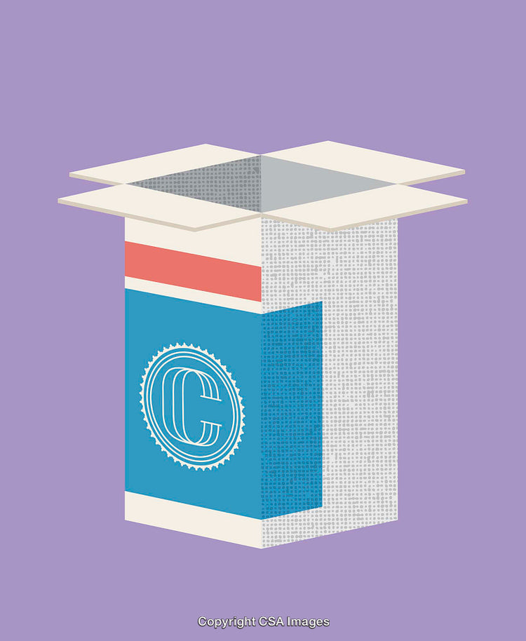 Colorful Line Art of Open Box with Decorative Design in Blue and Red