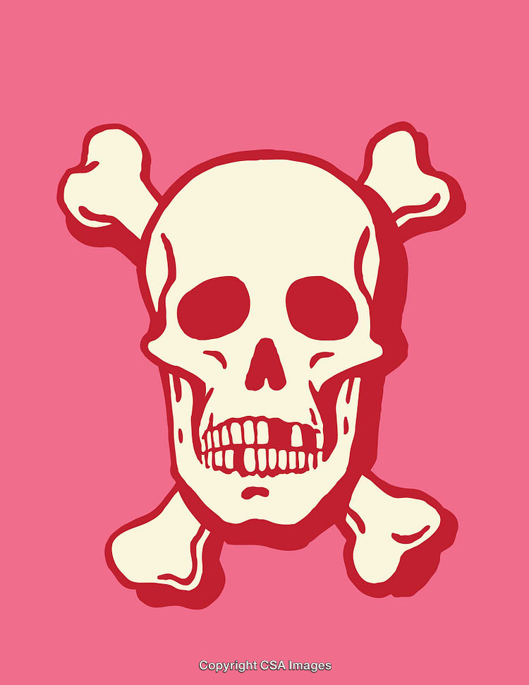 Cartoon Skull and Crossbones with Bold Colors on Pink Background