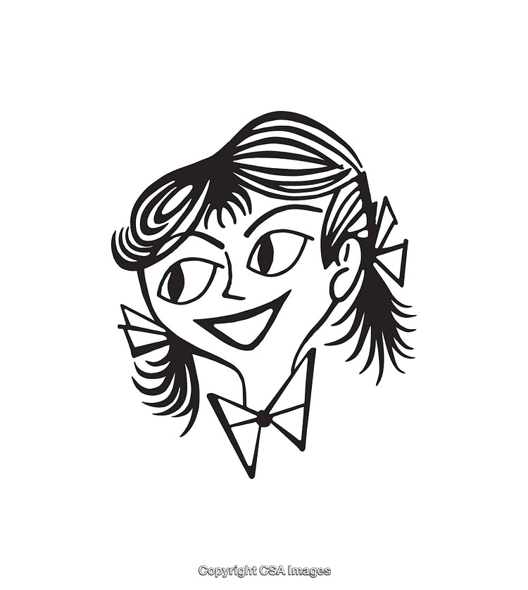 Stylized Black and White Cartoon of a Happy Character with a Bowtie