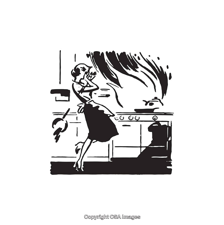 Retro Line Art Illustration of a Woman and a Kitchen Fire Incident