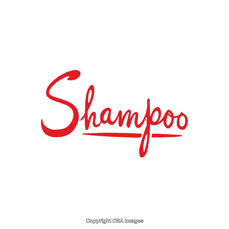 Red Handwritten Shampoo Text Logo on White Background