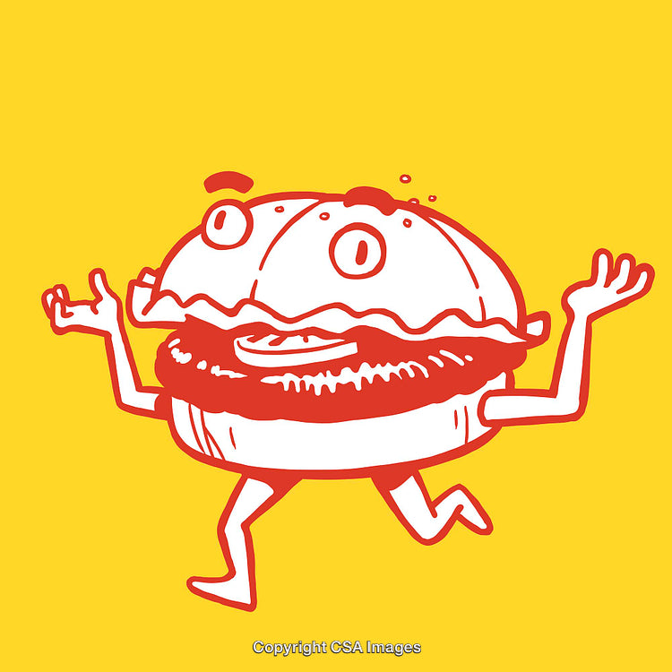 Whimsical Illustration of a Walking Cheeseburger Character on Yellow Background