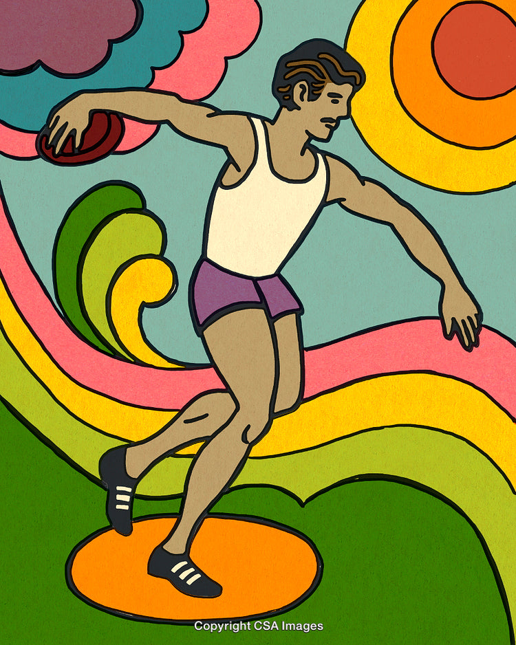 Colorful Retro Illustration of Discus Thrower in Psychedelic Style