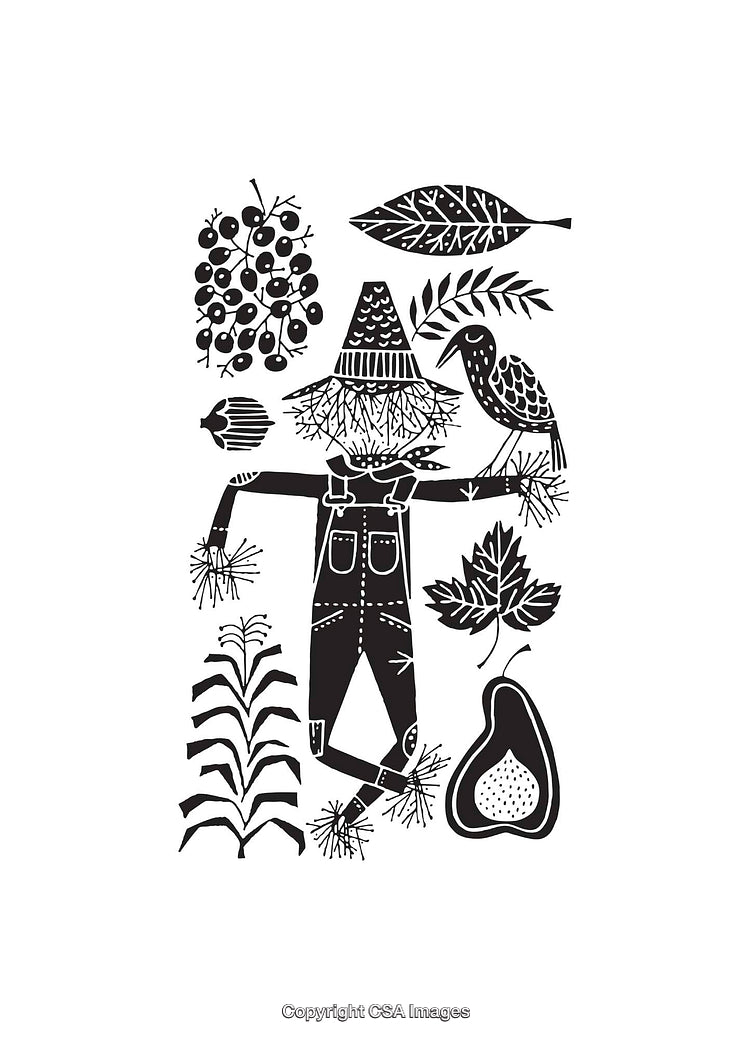 Black and White Line Art Featuring Scarecrow and Harvest Imagery