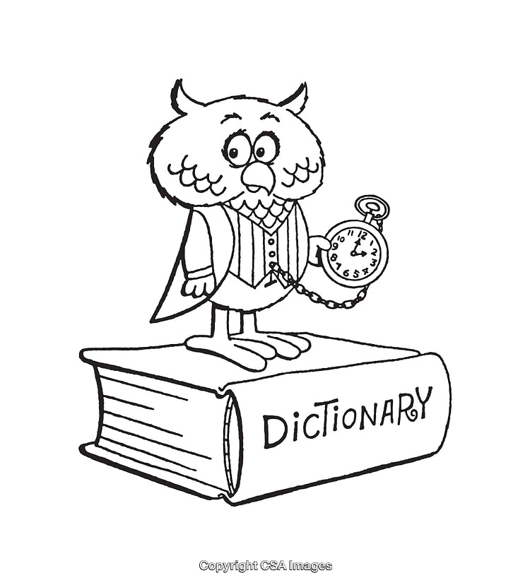 Black and White Line Art of Owl with Pocket Watch on Dictionary
