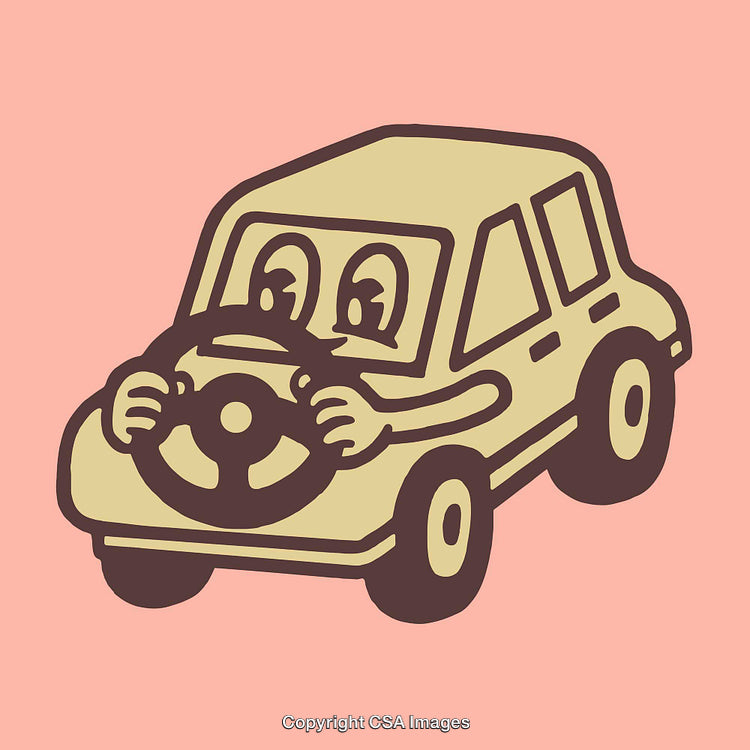 Cartoon Illustration of a Cute Anthropomorphic Car Driving on a Peach Background