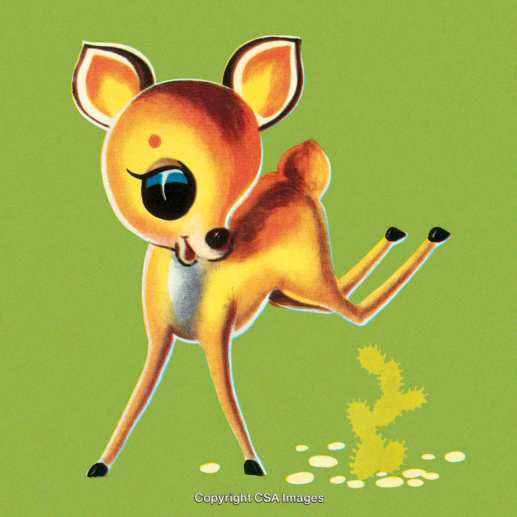 Cute Cartoon Fawn with Green Background and Playful Style