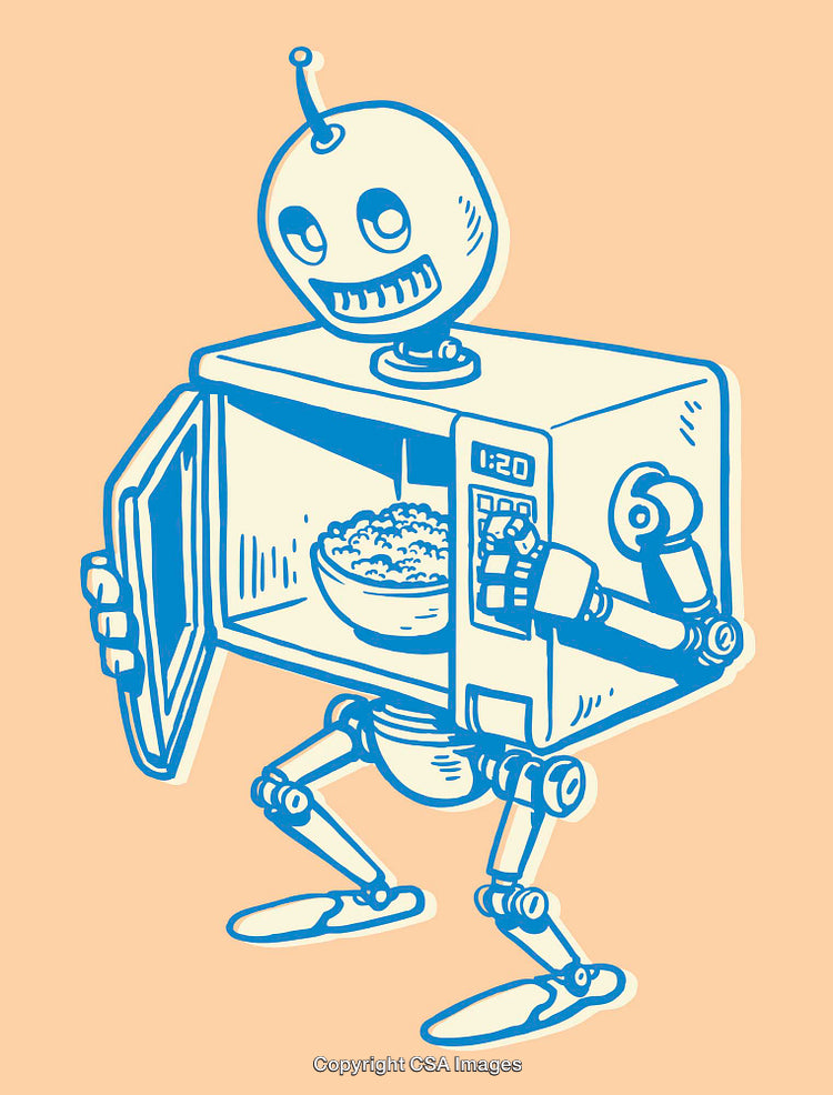 Robotic Microwave Character Cooking Food in Colorful Line Art Illustration