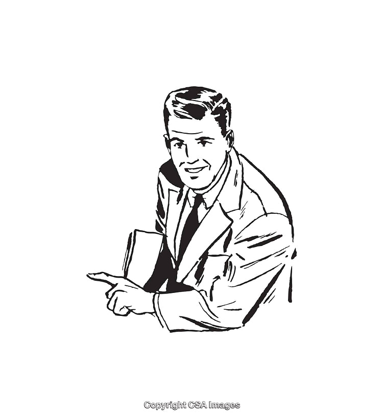 Vintage Illustration of a Smiling Businessman Pointing with Confidence