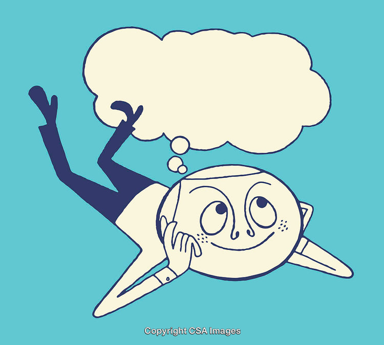 Playful Illustration of a Daydreaming Character with Thoughts Cloud