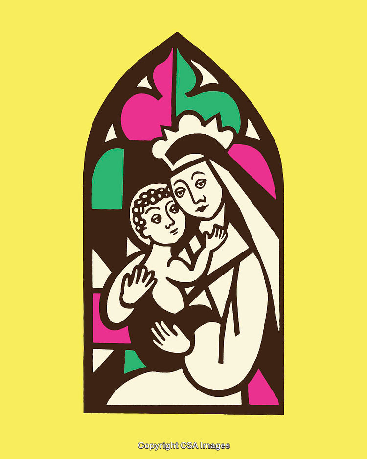 Illustration of Sacred Mother With Child in Stained Glass Style Art