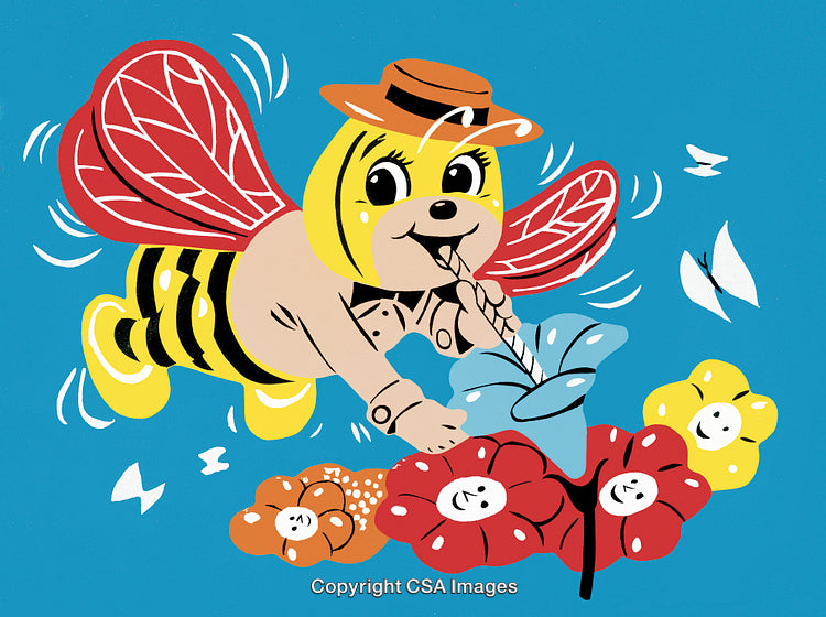 Cartoon Bee Pollinating Colorful Flowers in a Cheerful Cartoon Scene