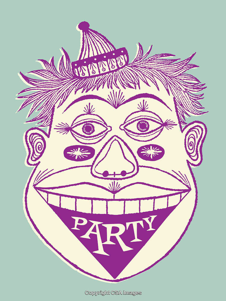 Whimsical Line Art Illustration of a Party-Themed Face Design in Bold Colors