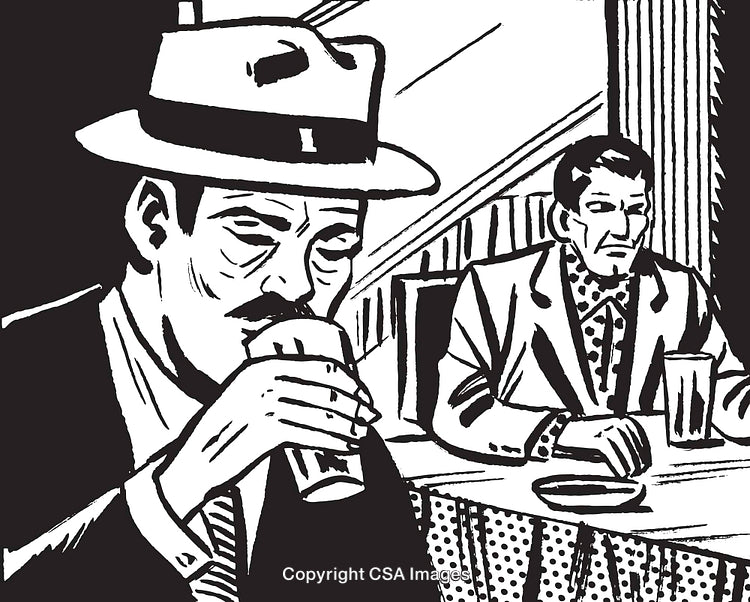 Retro Noir Illustration of Men in Suits at a Bar
