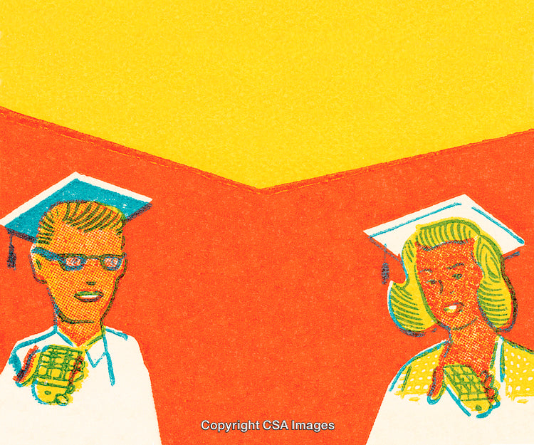 Retro Illustration of Graduates in Brightly Colored Academic Attire