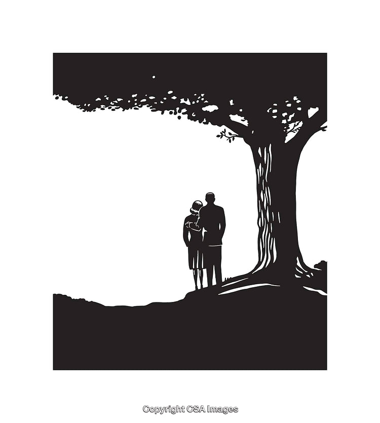 Silhouetted Couple Standing Together Beneath a Large Tree in Line Art