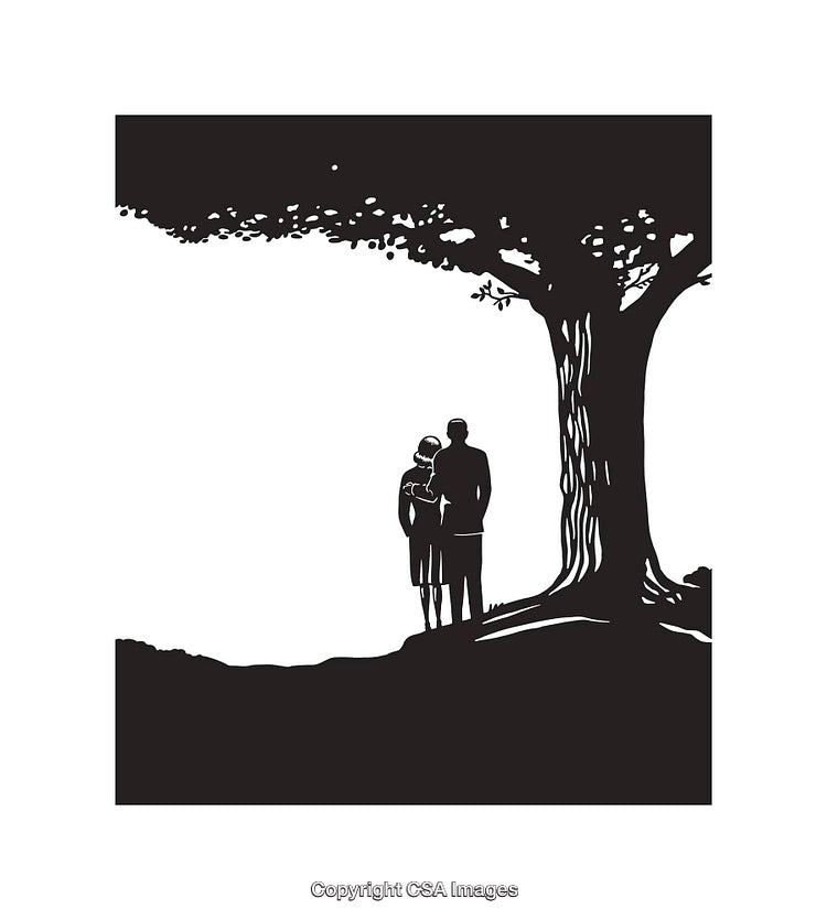 Silhouetted Couple Standing Together Beneath a Large Tree in Line Art
