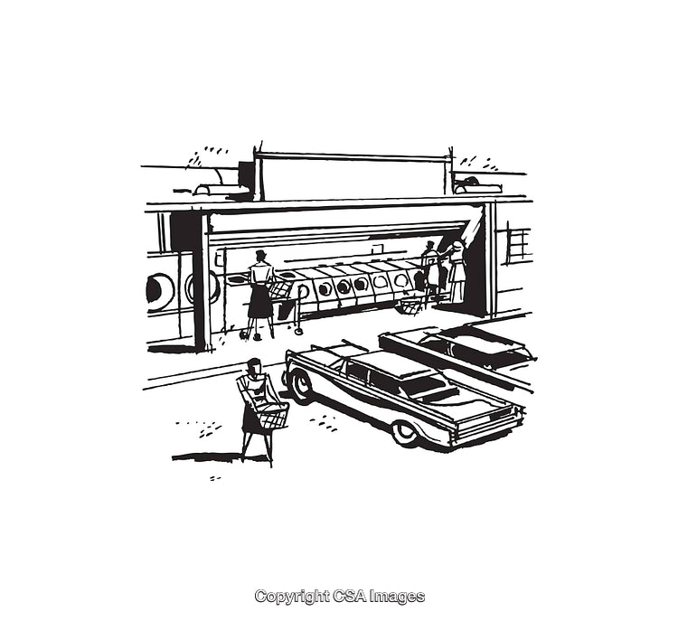 Vintage Line Art of Outdoor Laundry Scene with Cars and People