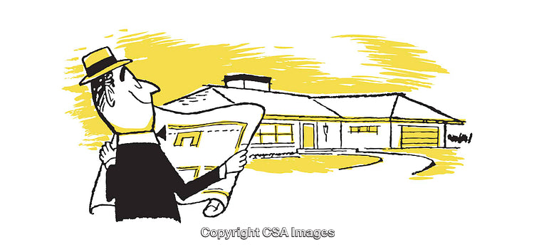 Illustrative Concept With Architect Observing Design Blueprint for Modern Home