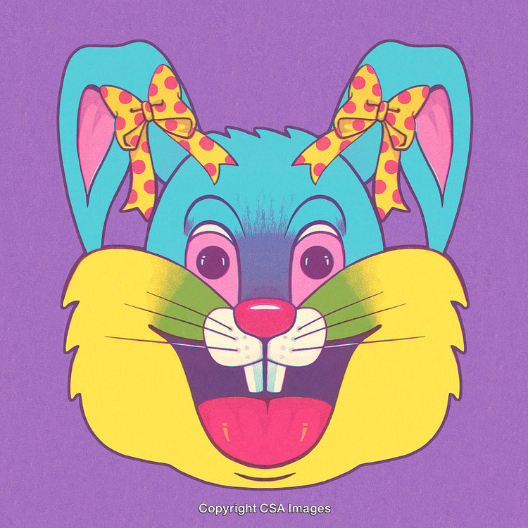 Colorful Cartoon Bunny Illustration with Bows on a Vibrant Purple Background